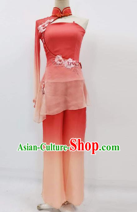 China Traditional Umbrella Dance Clothing Women Yangko Dance Blouse and Pants Fan Dance Red Outfits