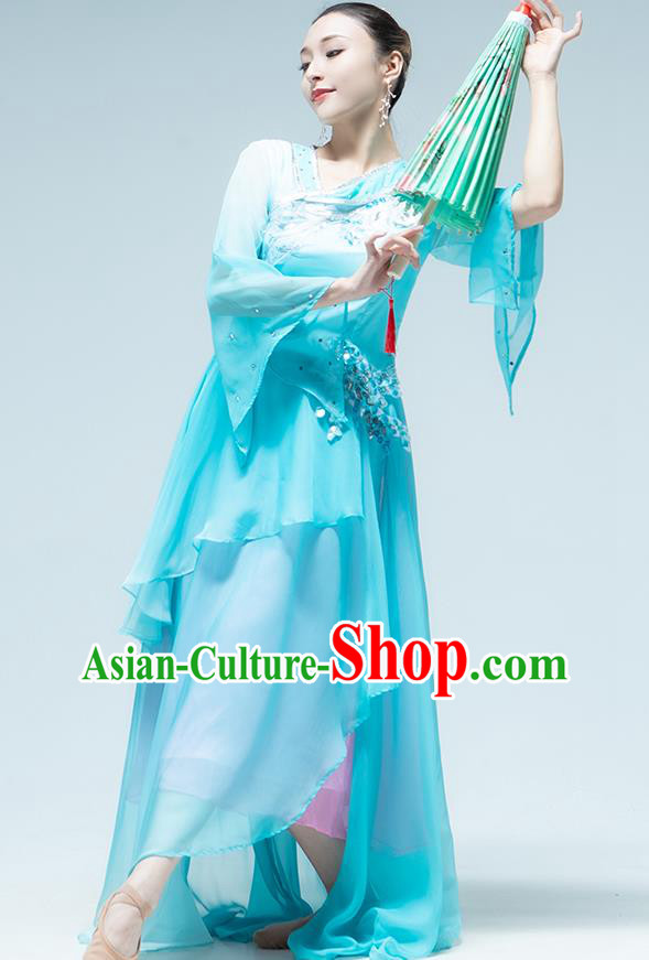 Traditional China Umbrella Dance Classical Dance Blue Dress Stage Show Costume
