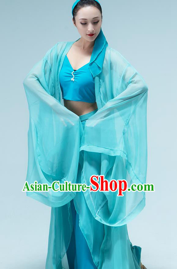Traditional China Umbrella Dance Blue Dress Classical Dance Stage Show Green Snake Costume