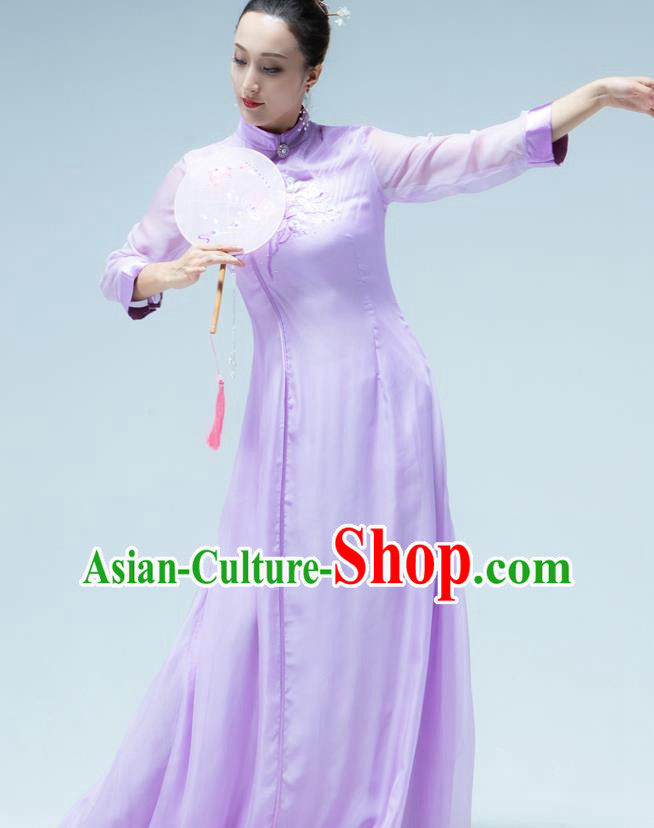 Traditional China Umbrella Dance Lilac Qipao Dress Classical Dance Stage Show Fan Dance Costume
