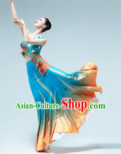 China Dai Nationality Folk Dance Blue Dress Traditional Yunnan Ethnic Peacock Dance Stage Performance Clothing
