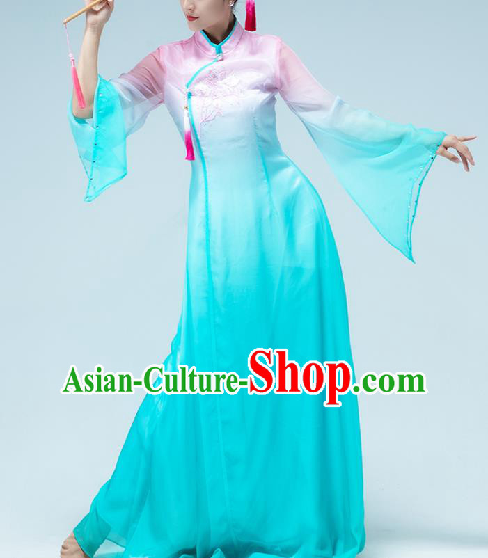 Traditional China Stage Show Group Dance Costume Umbrella Dance Classical Dance Blue Dress