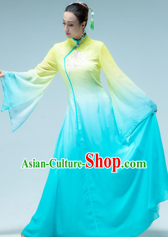 Traditional China Classical Dance Fan Dance Blue Dress Group Dance Stage Show Costume