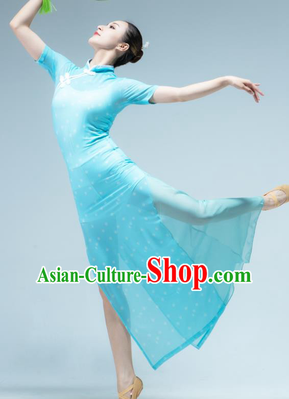 Traditional China Classical Dance Stage Show Light Blue Chiffon Qipao Dress Song of the Fishermen Fan Dance Costume