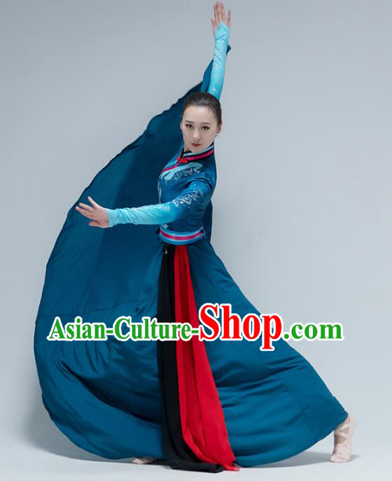 China Mongol Nationality Folk Dance Deep Blue Dress Traditional Mongolian Ethnic Dance Stage Performance Clothing