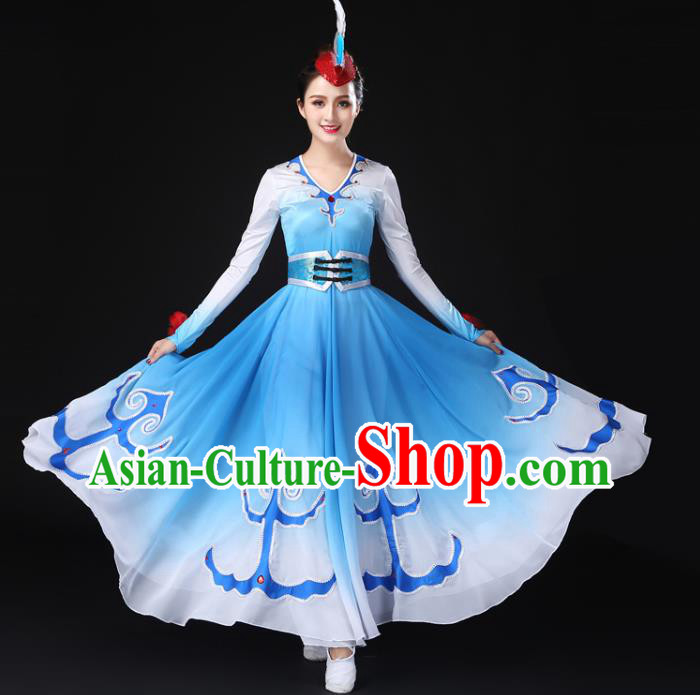 China Traditional Mongolian Ethnic Dance Stage Performance Clothing Mongol Nationality Women Blue Dress
