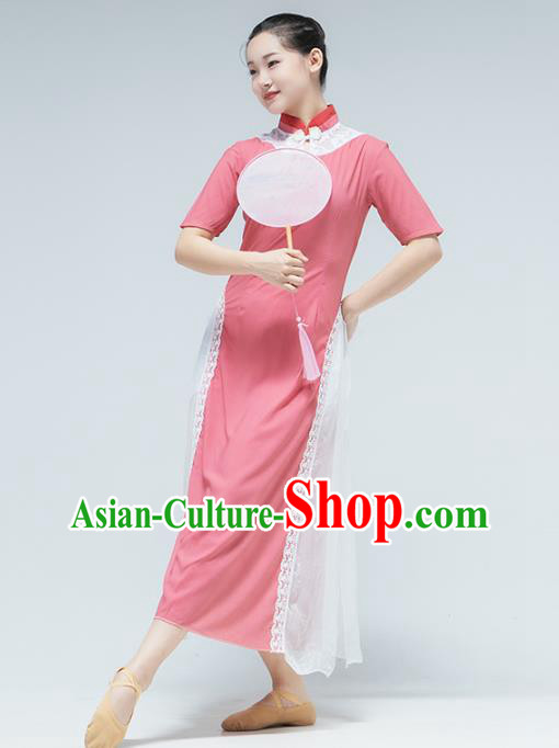 Traditional China Round Fan Dance Stage Performance Costume Classical Dance Pink Qipao Dress