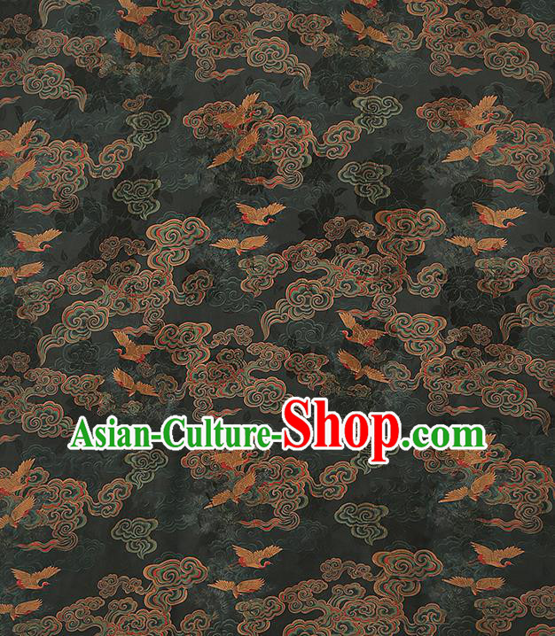Chinese Gambiered Guangdong Gauze Traditional Cheongsam Silk Fabric Royal Cloud Crane Pattern Atrovirens Brocade