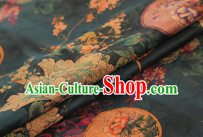 Chinese Atrovirens Gambiered Guangdong Gauze Traditional Cheongsam Silk Fabric Royal Peony Pattern Brocade Drapery