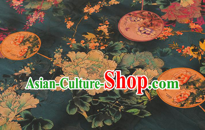 Chinese Atrovirens Gambiered Guangdong Gauze Traditional Cheongsam Silk Fabric Royal Peony Pattern Brocade Drapery