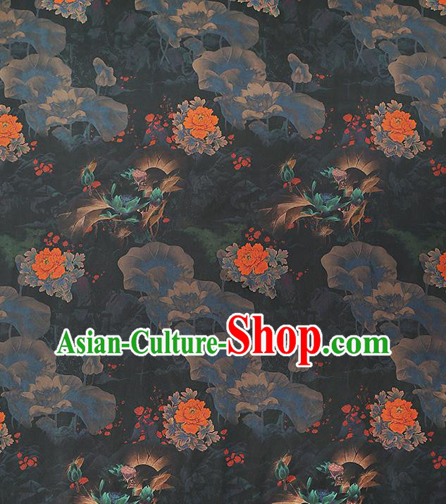 Chinese Black Gambiered Guangdong Gauze Royal Peony Lotus Pattern Brocade Drapery Traditional Cheongsam Silk Fabric