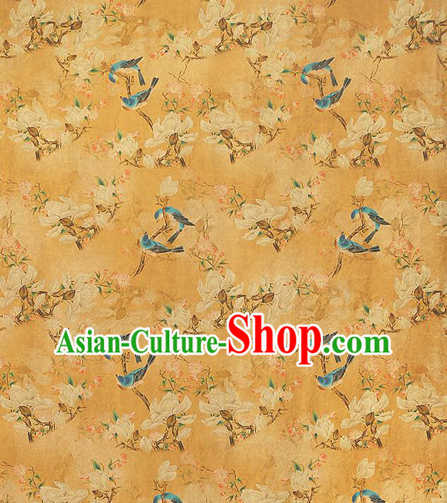 Chinese Orange Gambiered Guangdong Gauze Traditional Silk Fabric Royal Mangnolia Birds Pattern Cheongsam Drapery