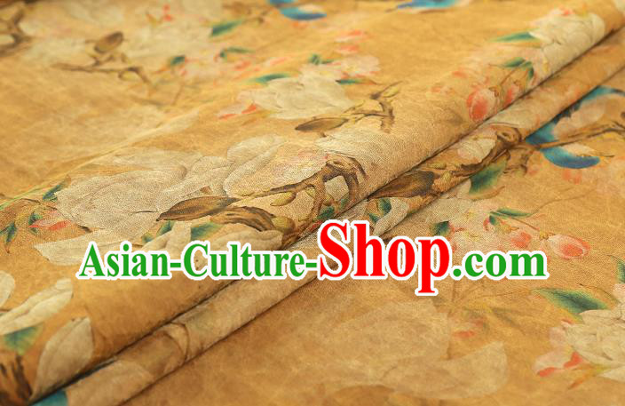 Chinese Orange Gambiered Guangdong Gauze Traditional Silk Fabric Royal Mangnolia Birds Pattern Cheongsam Drapery