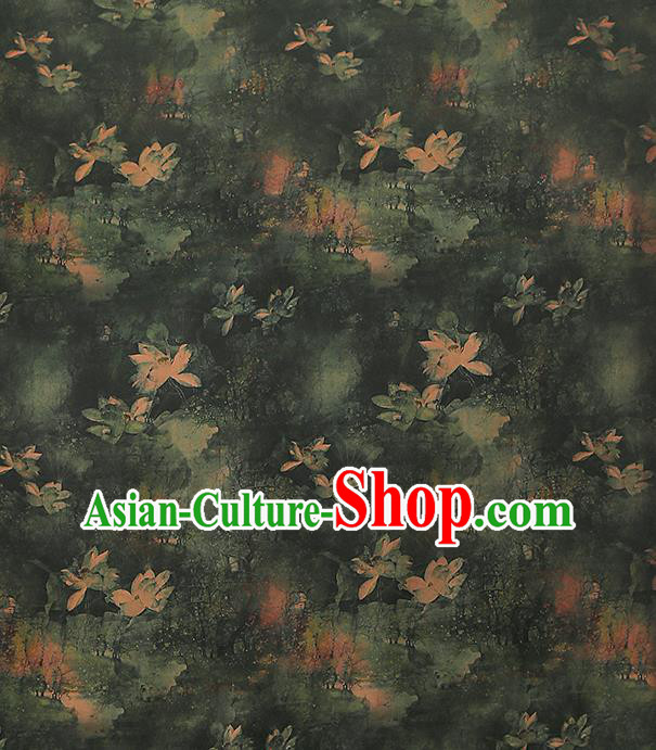 Chinese Atrovirens Gambiered Guangdong Gauze Traditional Cheongsam Silk Fabric Royal Lotus Pattern Brocade Drapery