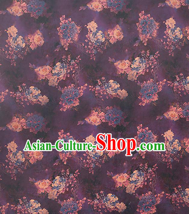 Chinese Royal Peony Pattern Cheongsam Cloth Drapery Gambiered Guangdong Gauze Traditional Purple Silk Fabric