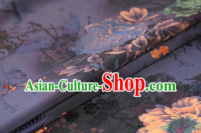 Chinese Traditional Cheongsam Silk Fabric Purple Gambiered Guangdong Gauze Royal Peony Pattern Cloth Drapery