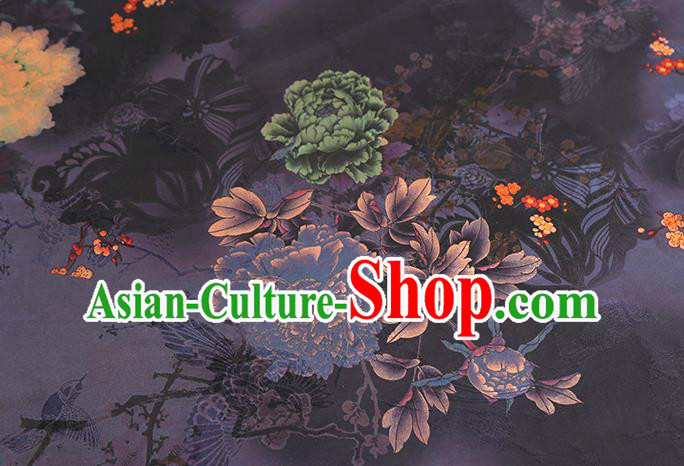 Chinese Traditional Cheongsam Silk Fabric Purple Gambiered Guangdong Gauze Royal Peony Pattern Cloth Drapery