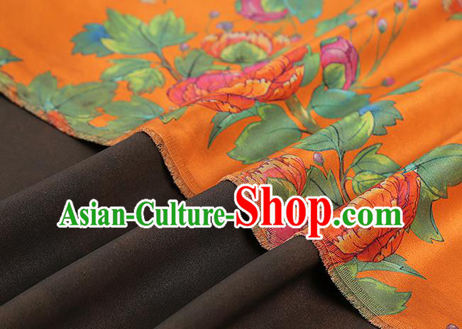 Chinese Traditional Orange Silk Fabric Gambiered Guangdong Gauze Royal Peony Pattern Cheongsam Drapery
