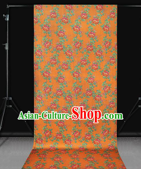 Chinese Traditional Orange Silk Fabric Gambiered Guangdong Gauze Royal Peony Pattern Cheongsam Drapery