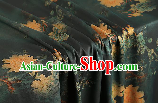 Chinese Traditional Deep Green Silk Fabric Royal Peony Pattern Cheongsam Cloth Drapery Gambiered Guangdong Gauze