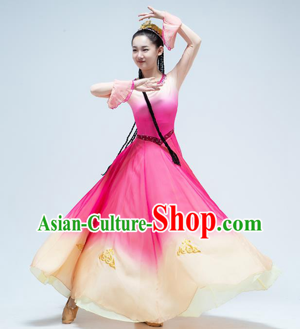 China Traditional Xinjiang Ethnic Stage Performance Clothing Uyghur Nationality Dance Rosy Dress