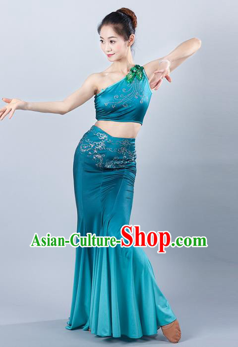 China Traditional Ethnic Peacock Dance Clothing Dai Nationality Stage Show Blue Mermaid Dress Outfits