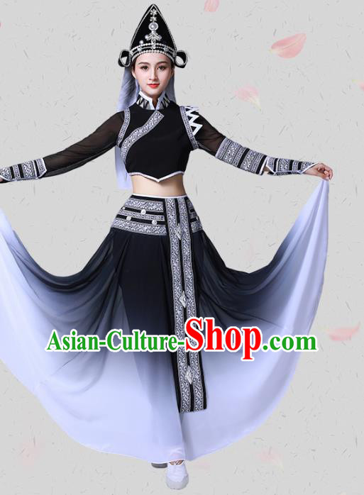 China Traditional Ethnic Dance Black Clothing Dai Nationality Stage Show Blouse and Skirt Outfits