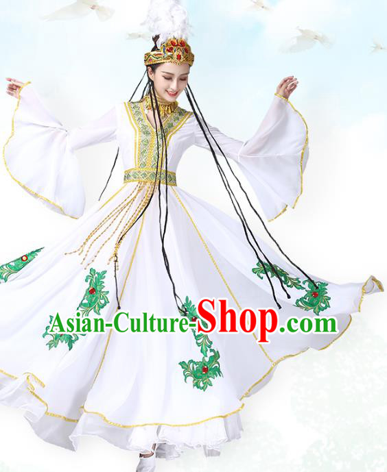 China Traditional Ethnic Dance Clothing Uyghur Nationality Stage Show White Dress and Hat