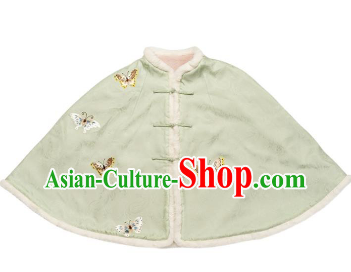 China Embroidery Butterfly Light Green Short Cloak Traditional Embroidered Costume Tang Suit Upper Outer Garment