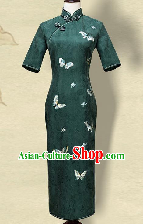 China Embroidery Butterfly Deep Green Silk Qipao Dress Traditional Embroidered Cheongsam Costume