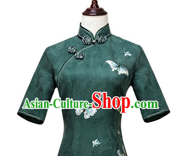 China Embroidery Butterfly Deep Green Silk Qipao Dress Traditional Embroidered Cheongsam Costume