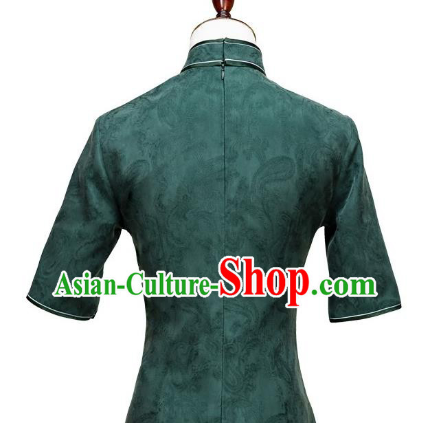 China Embroidery Butterfly Deep Green Silk Qipao Dress Traditional Embroidered Cheongsam Costume