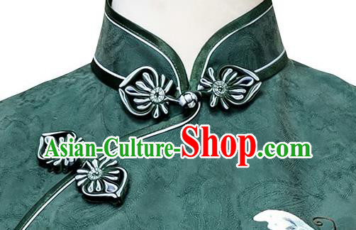 China Embroidery Butterfly Deep Green Silk Qipao Dress Traditional Embroidered Cheongsam Costume