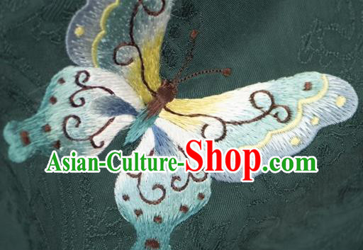 China Embroidery Butterfly Deep Green Silk Qipao Dress Traditional Embroidered Cheongsam Costume