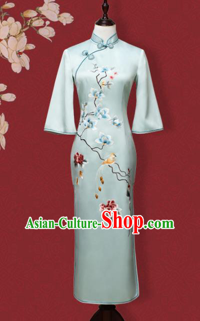 China Traditional Qipao Dress Embroidered Costume Embroidery Flowers Bird Light Blue Silk Cheongsam