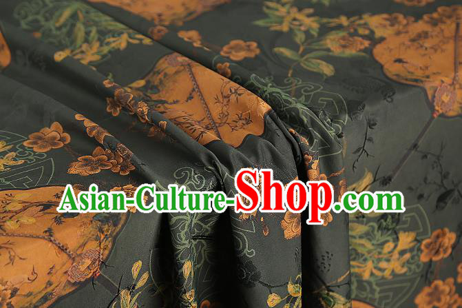Chinese Dark Green Brocade Cloth Drapery Gambiered Guangdong Gauze Traditional Cheongsam Royal Plum Fan Pattern Silk Fabric