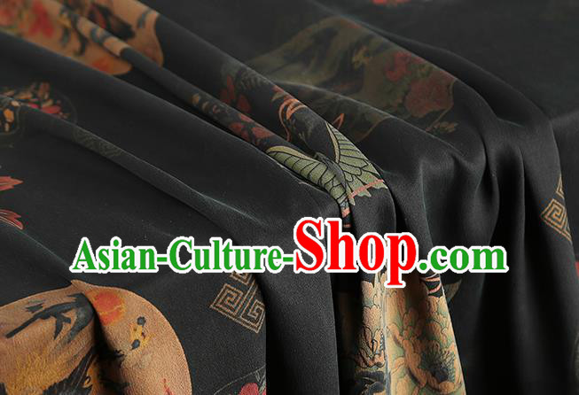 Chinese Classical Phoenix Peony Pattern Gambiered Guangdong Gauze Drapery Brocade Cloth Traditional Cheongsam Black Silk Fabric