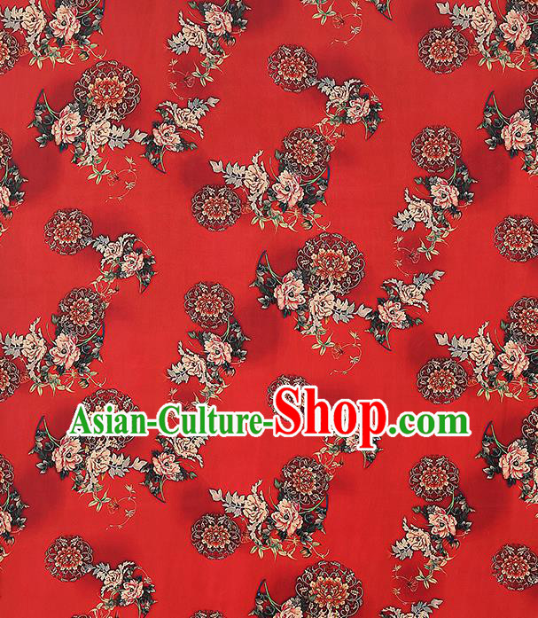 Chinese Traditional Cheongsam Silk Fabric Red Brocade Cloth Classical Peony Pattern Gambiered Guangdong Gauze Drapery