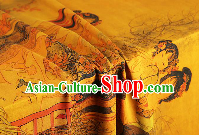 Chinese Traditional Cheongsam Yellow Silk Fabric Classical Beauty Pattern Gambiered Guangdong Gauze Drapery Brocade Cloth