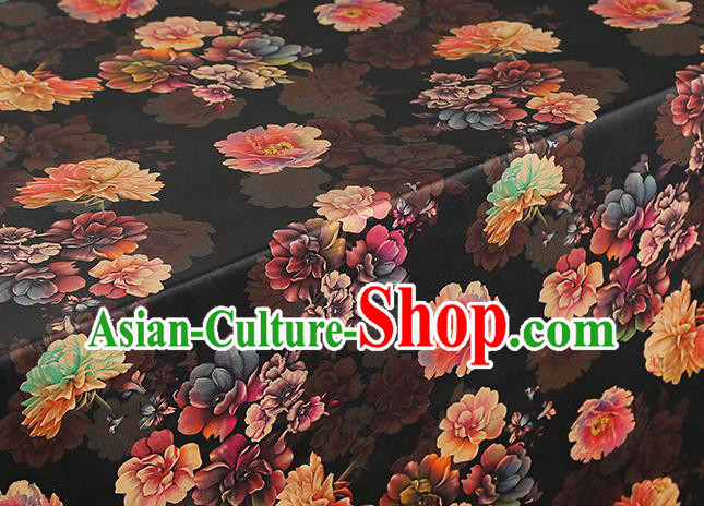 Chinese Traditional Brocade Cloth Classical Peony Pattern Gambiered Guangdong Gauze Drapery Cheongsam Black Silk Fabric