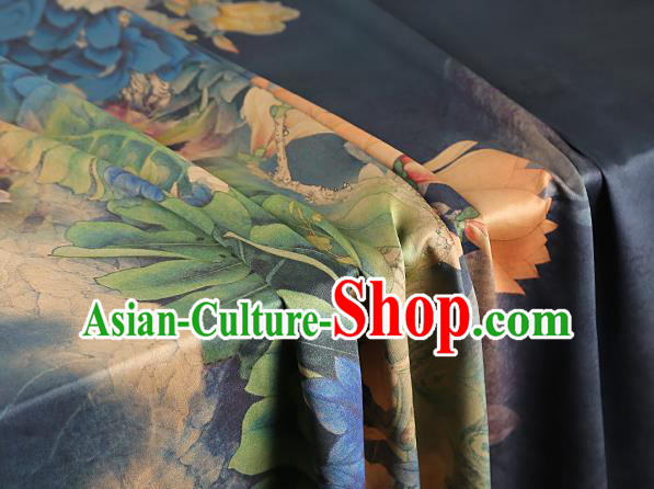 Chinese Traditional Navy Blue Brocade Drapery Cheongsam Silk Fabric Classical Peony Pattern Gambiered Guangdong Gauze