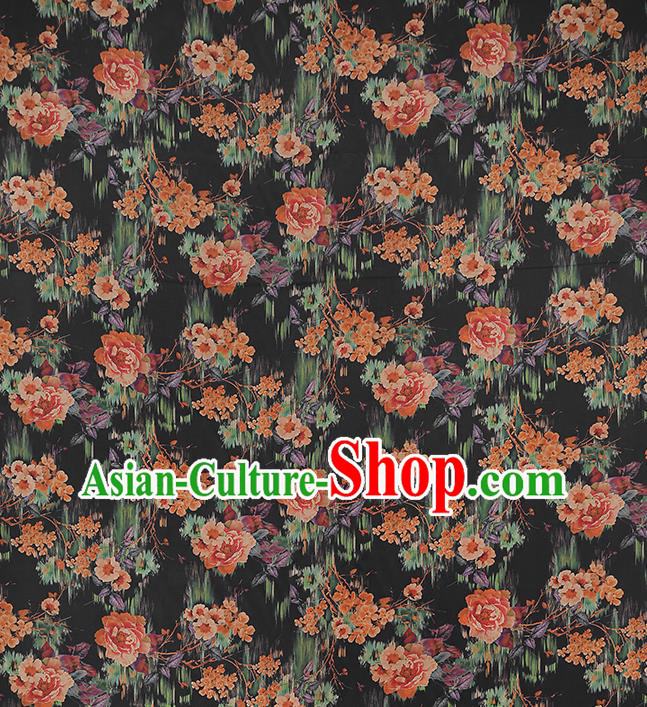 Chinese Traditional Black Brocade Drapery Cheongsam Silk Fabric Classical Roses Pattern Gambiered Guangdong Gauze