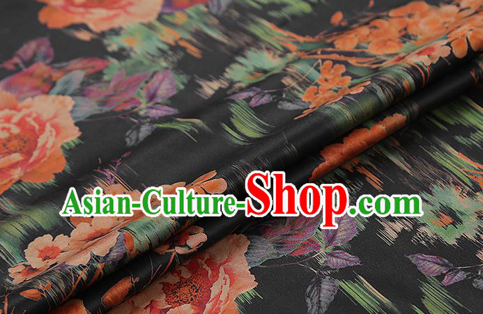 Chinese Traditional Black Brocade Drapery Cheongsam Silk Fabric Classical Roses Pattern Gambiered Guangdong Gauze