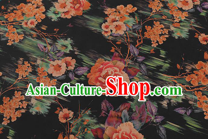 Chinese Traditional Black Brocade Drapery Cheongsam Silk Fabric Classical Roses Pattern Gambiered Guangdong Gauze