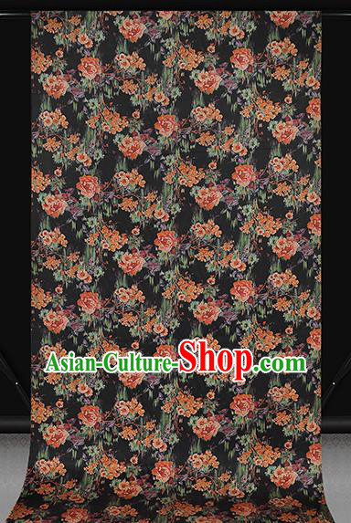 Chinese Traditional Black Brocade Drapery Cheongsam Silk Fabric Classical Roses Pattern Gambiered Guangdong Gauze