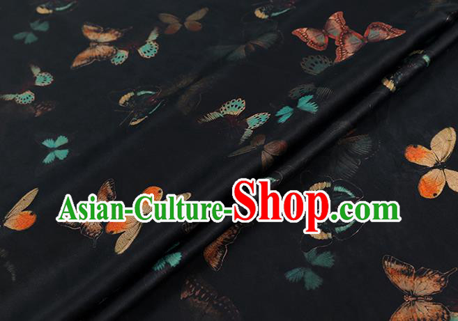 Chinese Classical Butterfly Pattern Black Brocade Fabric Traditional Gambiered Guangdong Gauze Cheongsam Silk Drapery