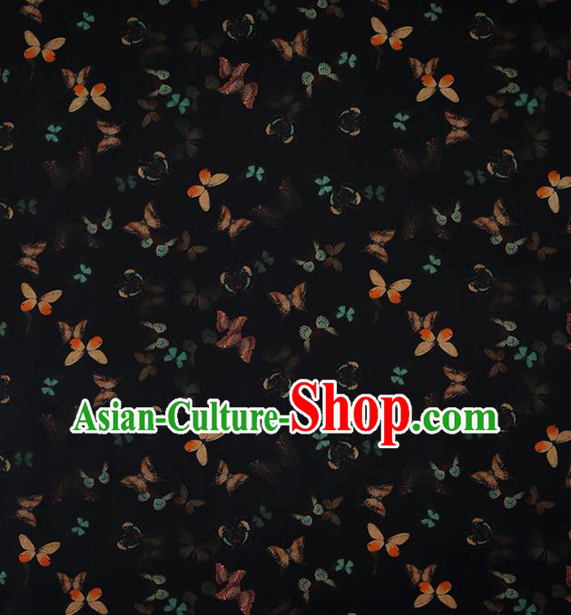 Chinese Classical Butterfly Pattern Black Brocade Fabric Traditional Gambiered Guangdong Gauze Cheongsam Silk Drapery