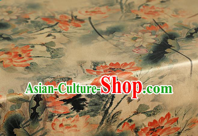 Chinese Classical Lotus Pattern Light Yellow Brocade Fabric Cheongsam Silk Drapery Traditional Gambiered Guangdong Gauze