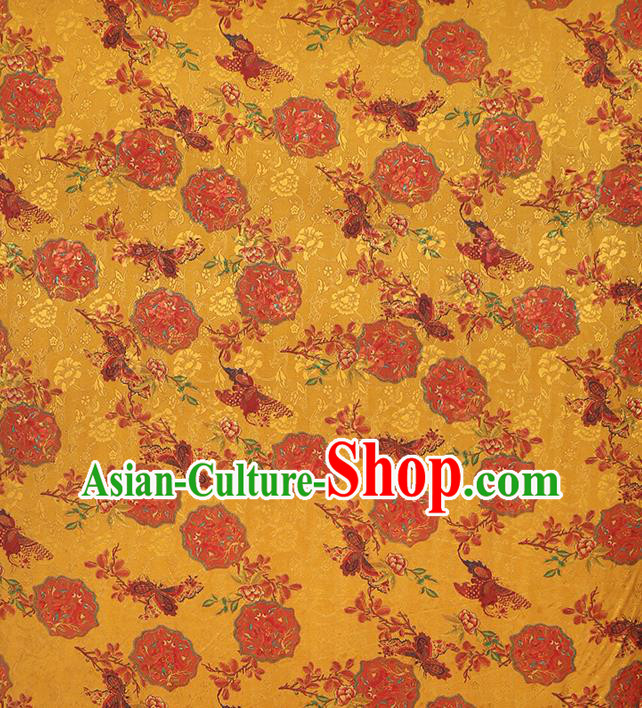 Chinese Traditional Gambiered Guangdong Gauze Classical Peony Pattern Golden Brocade Fabric Cheongsam Silk Drapery