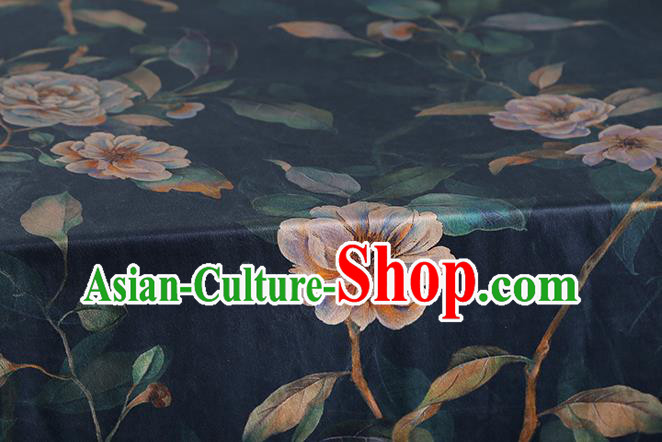 Chinese Cheongsam Printing Navy Silk Drapery Traditional Gambiered Guangdong Gauze Classical Camellia Pattern Brocade Fabric